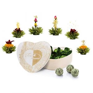 Creano Fleurs de thé dans une boîte en bois en forme de cœur - 6 sortes de thé vert- cadeau pour femme, mère (Creano, neuf)