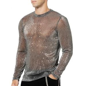Casey Kevin Chemise Paillette Homme Tee Shirt Manche Longue Transparente Tenue Disco Sexy Costume Maille T Shirt Paillette Sequin Pyjama Rave Outfit Lumineux Fishnet Vetement Soiree Resille Filet Haut (Casey-Kevin, neuf)
