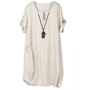 FTCayanz Femme T-Shirt Robe Manches Courtes Lin Coton Tunique Ample Casuel avec Grande Poches Beige S (ftcayanz, neuf)