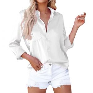 Chemisier Blanc Chic, Chemisier Femme &agrave; Manches Longues en Satin D&eacute;contract&eacute;e avec Col en V Pull Sexy Tee Shirt Top,Blanc,XXL,F118S (Routefuture, neuf)