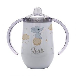 Marquage Unique Tasse d'Apprentissage Bébé Personnalisable avec Anses, Motif Éléphant et Lune, Gobelet à Bec pour Enfant - Gourde Isotherme (MARQUAGE UNIQUE, neuf)