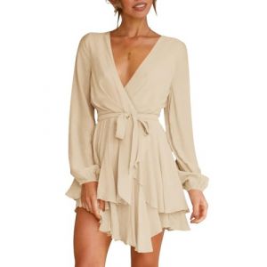 Wenrine Robe sexy pour femme - Col en V profond - Robe d&eacute;contract&eacute;e - Ligne A volants - Mini robe &agrave; manches longues - Robe portefeuille avec ceinture, Abricot, M (MOSSLE, neuf)
