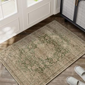 HUGEAR Vert Vintage Tapis D'entrée 60x90cm Lavable en Machine Antidérapant Petit Carpet Descente de Lit Chambre Adulte Entree Interieur Cuisine Doux Poil Ras Carpette (RONGBEN, neuf)