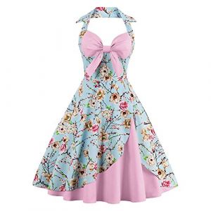 IWEMEK Femmes Vintage Retro Robe Trapèze Rockabilly à Fleurs Années 1950 50 60 Audrey Hepburn Style Dos Nu Encolure Coeur Robe de Cocktail Soirée Fête L'été Habillée Robes Rose Clair Floral XXL (IWEMEK, neuf)
