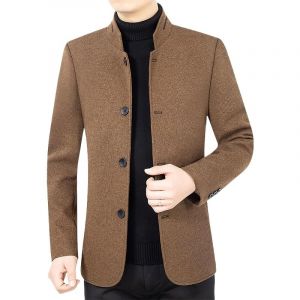 HUIANGLIYG Blazer &Agrave; Chevrons pour Homme, Veste de Costume Vintage en Tweed de Laine M&eacute;lang&eacute;e, Col Mandarin, Simple Boutonnage, Manteau en Laine D&eacute;contract&eacute;, Coupe Vent, Marron Fonc&eacute;, Taille XS (ALSMkjds, neuf)