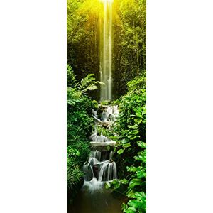 A.Monamour Sticker Porte Autocollant Poster De Porte 3D Cascade dans Une For&ecirc;t Tropicale Verte Coucher du Soleil Paysage Vinyle Affiche De Porte Sticker Mural Papier Peint Art D&eacute;cor 90 x 200 cm (A.Monamour Boutique, neuf)