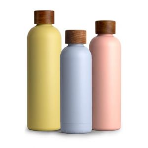 T&N Bouteille Isotherme d&rsquo;eau 500ml en acier inoxydable avec bouchon en bois d'acacia, Gourde Inox 0,5l, conserve le froid &agrave; 29h, la chaleur 14h, &eacute;tanche pour boissons gazeuses (TRENDY AND NEW, neuf)