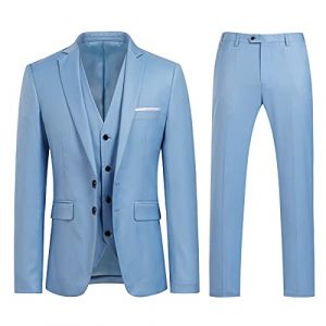 Costume Homme 3 Pièces Slim Fit Smoking Deux Boutons Couleur Unie Mariage Business Confort Elégant Veste Gilet et Pantalon Bleu Ciel L (Easyishome Store, neuf)