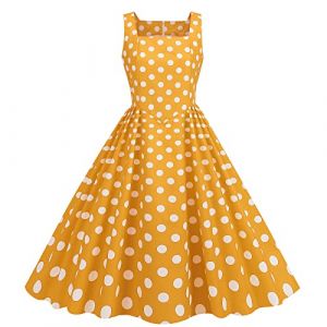 Robe Année 60 Femme Sexy Col V sans Manche Retro Robe Style 1950's Audrey Hepburn Rockabilly Elegante Polka Dot Trapèze Vintage Robes Swing Robe De Bal Fête Cérémonie Mi Longue (Lieyxfaye, neuf)