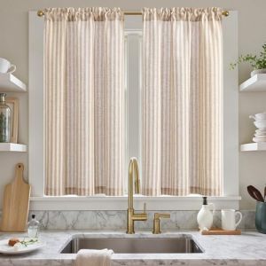 TOPICK Rideau Cuisine à Rayures 65L X 115H (cm) Lot de 2 Rideau Lin Rayé Marron et Beige Rideaux Translucide à Passe-Tringle Rideaux Fenetre Brise-Bise Court Décoration Intérieur Placard Chambre (Audrey Home Fashion, neuf)