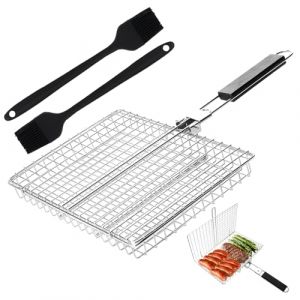 Vaskula Grille Barbecue Pliable Griller Panier Robuste Panier de Barbecue avec Poign&eacute;e Brosse en Silicone Accessoires Barbecue pour Le Camping et Les Grillades en Plein Air Poisson L&eacute;gumes Viande (WSCHUAN, neuf)