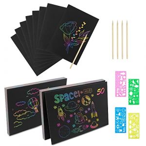 Relota Lot de 50 Carte a Gratter Enfant, Feuilles à Gratter Papier Gratter Arc-En-Ciel avec 4 Règles de Gabarit de Dessin, 5 Stylets en Bois, Scratch Art pour Écriture, Jeux, Dessins, Bricolage (OLHA2022, neuf)