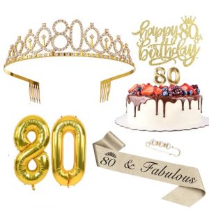 D&eacute;coration pour 80e anniversaire femme, couronne et &eacute;charpe Happy Birthday, d&eacute;coration de g&acirc;teau et bougies, ballon en aluminium dor&eacute; 80, cadeau d'anniversaire pour femme de 80 ans (MURISE, neuf)