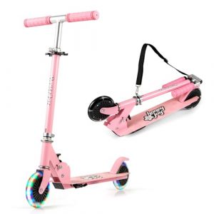 GYMAX Trottinette Pliable, Scooter pour Enfants 3 Ans+, Roues Lumineuses, Hauteur R&eacute;glable 68-78cm, avec B&eacute;quille Arri&egrave;re, Sangle de Transport, Cadre Robuste en Aluminium (Rose) (GYMAX EU, neuf)