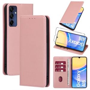 Vauki Coque Cuir pour Samsung Galaxy A15 5G 6.5" avec 1 Verre Tremp&eacute; Etui &agrave; Rabat en PU Porte-Cartes Portefeuille Support Flip Housse Magn&eacute;tique Antichoc Anti-Rayures Case,Rose_Gold (HARMONIQUE WAY, neuf)
