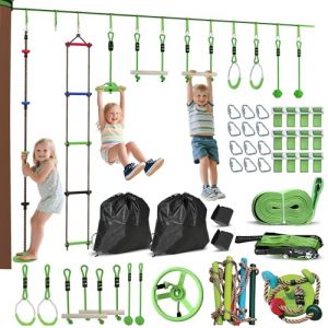 AIYAPLAY Parcours d'obstacles pour enfants, 10 m, 10 pi&egrave;ces de tyrolienne Slackline pour enfants, avec 2 barres de suspension, 2 anneaux de gymnastique, une &eacute;chelle de corde, une balan&ccedil;oire nid, un (Aosom MHSTAR FR, neuf)