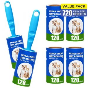Omtofo 720 Feuilles Rouleau Poils Animaux 6 Rouleaux avec 2 Poignées, Extra Collant Rouleau Adhesif Vetement, Lint Roller pour VêTements, Cheveux, Canapé, Lit, Poils de Chat et Chien - 120/Rouleau (BERSANI GIU S.R.L., neuf)