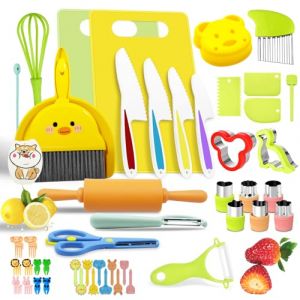 KIMIGO 49 Pièces Kit Couteau Sécurité de Cuisine pour Enfants,Couteau pour Enfants pour Fruits,Pain,Légumes,Couteaux de Cuisine pour Enfants avec Couteau en Bois,Planche à Découper et Éplucher (Fluttuante Kft, neuf)