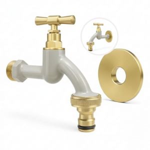 LIVLIG Robinet ext&eacute;rieur 1/2" avec rosace et raccord de tuyau 1/2" - Robinet d'eau froide en laiton - Robinet de jardin dor&eacute; - Motif gr&egrave;ge (New-Ventures, neuf)