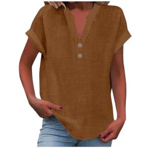 2025 Chemise Lin Femme Coton Et Lin Chemisier élégant à col en V Femme Manches Courtes Henley Chemisier Couleur Uni Tee Shirt été Haut Top Respirant T-Shirts Grande Taille Tunique Blouse Pas Cher (GMGM  (Économisez 50% sur 1 des 2 articles), neuf)