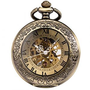 ManChDa Loupe spéciale Montre de Poche Chasseur de moitié Chiffres Romains Cuivre Vieilli Fob pour Les Hommes Femmes Pendentif avec chaîne + Coffret (1.Bronze) (EsunlinkEU, neuf)