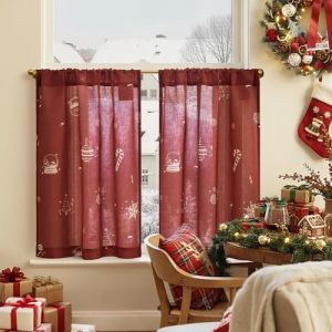 TOPICK Rideau No&euml;l Brise-Bise, Rideaux Cuisine Court Passe-Tringle, 65x75cm (LxH) Lot de 2 Rouge, avec Motif &agrave; Atmosph&egrave;re pour Petite Fen&ecirc;tre Chambre Int&eacute;rieure D&eacute;coration Salon (Audrey Home Fashion, neuf)
