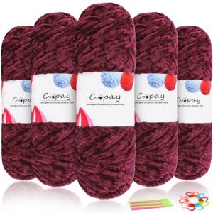 Coopay Laine Chenille Veloutée, 500g (5 x 100g), Pelote de Laine à Tricoter Douce, Épaisseur de 3mm, Super Moelleuse Fil Chenille Pour Crochet Tricot Écharpe, Couverture, Chaussettes - Bordeaux (YutongTech, neuf)