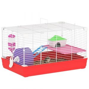 PawHut Cage Hamster, Cage Rongeur &agrave; 2 Niveaux, Base Amovible pour Un Nettoyage Facile, cabane, Roue d'exercice, &eacute;chelle et Bol, 47 x 30 x 27 cm, Blanc et Rouge (Aosom FR, neuf)