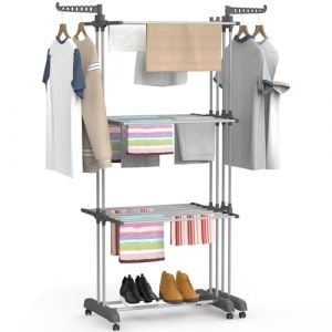 Ferghana S&eacute;choir &agrave; Linge Multifonction 3 &eacute;tages Extensible (66-130 cm), &eacute;tendoir &agrave; Linge Pliable, capacit&eacute; 40 kg,S&eacute;choir &agrave; Linge avec roulettes, Gain de Place pour Maison - Gris (Ferghana EU, neuf)
