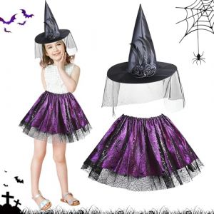 SUFANG 2pcs Deguisement Sorciere Fille Toile d'Araignée Tulle Tutu avec Chapeau de Sorcière Noir Costume Sorciere Enfant Déguisement Halloween Fille Sorciere pour Halloween Carnaval Cosplay Party (AAfang, neuf)
