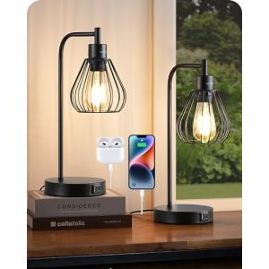 EDISHINE Lampe de Table LED E27 Ampoule Dimmable à 3 Niveaux, USB A & USB C Port de Charge, Contrôle Tactile, Lampe de Chevet Industrielle avec Abat-jour en Forme de Goutte d'Eau, Noir, 2pcs (DewenwilsDirect, neuf)