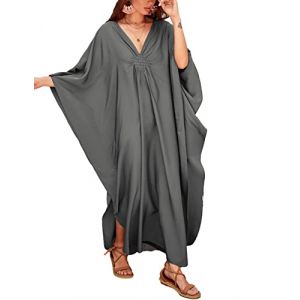 Bsubseach Femme Longue Robe de Plage Et&eacute; Casual Caftan Avec Col en V et Manches Chauve-souris Djellaba Grande Taille Kaftan Cache-Maillot Maxi Kimono Gris (Bsubseach-EU, neuf)