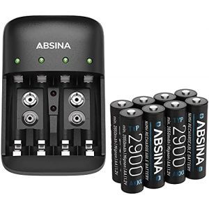 ABSINA Chargeur de Piles Rechargeables AA AAA & 9V + 8X AA 2900 Pile - Chargeur de Pile NiMH avec 4 emplacements - Chargeur Piles Rechargeable pour AAA, AA & 9V - Chargeur Pile, Chargeurs de Piles (ABSINA GmbH, neuf)