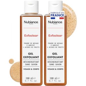 NUBIANCE - Exfoclear® Exfoliant Visage Et Corps - Gommage Visage Et Gommage Corps Aux Acides De Fruits. Gel Nettoyant Visage Peaux Grasses ou Seches Anti Point Noir. Body Scrub, Pack de 2x200ml (Nubiance, neuf)