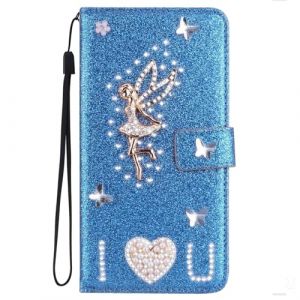 PU Holster Cuir Portefeuille pour Samsung Galaxy S24 Coque Etui Flip Paillette Brillante Bling Glitter Luxe 3D Anges Design Cristal Sparkle Strass Case de Protection for Samsung Galaxy S24,Blue (Bolong, neuf)