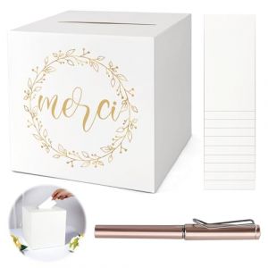 KASURE Urne Mariage Carton pour Enveloppe et Cartes 22 * 22 cm,Blanche, Id&eacute;ale pour Mariage, Bapt&ecirc;me, Anniversaire, Dipl&ocirc;me avec 10 Cartes & Stylo Dor&eacute; (Kuidii, neuf)