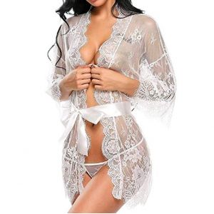 Tuopuda Femme Chemise de Nuit Sexy Dentelle Lingerie Pyjama en Dentelle Transparente avec G-String Robes de Chambre V&ecirc;tements de Nuit Nuisette Peignoirs de Bain, Blanc, L (GHF-Direct, neuf)