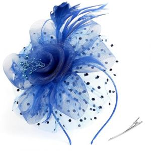 ZHITENG Fascinator Chapeau Plume Mariage, Feather Fascinator Chapeau Fleur Mesh Plumes Mariage Femme Bibi Chapeaux C&eacute;r&eacute;monie Fleur Cheveux Day Bandeau et Clip, pour Cocktail Tea Party (Bleu) (AZHITENG, neuf)