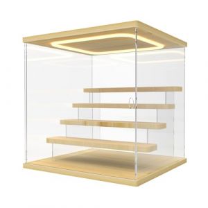 Nynelly Vitrine Acrylique avec LED pour Collection, 5 Niveaux Plexiglas Vitrine Transparente avec Porte et Marches, Boite Presentoir Anti-Poussi&egrave;re pour Figurines, Funko Pop, Couleur Bois (Nynel, neuf)