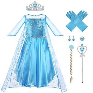 Vicloon Robe Princesse Elsa,5pcs Robe de Princesse Reine des Neiges pour Cosplay Mariage Carnaval F&ecirc;te d'anniversaire - avec Accessoires de Baguette Magique Princesse Couronne(120) (YIJIABAI, neuf)