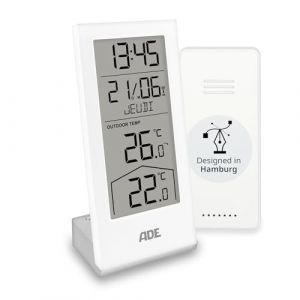 ADE Station météo numérique sans Fil avec capteur extérieur | Thermomètre intérieur et extérieur | Horloge radiocontrolé | Calendrier avec Jour de la Semaine en français | Blanc (GRENDS GmbH – Great Brands & Trends, neuf)