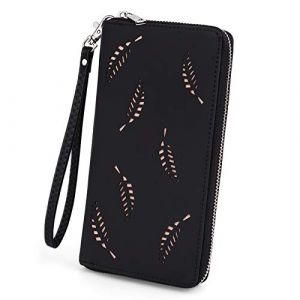 UTO Femme Portefeuille Cuir Synthétique Grand Feuilles sculptées en Creux Porte Cartes chèque Passport Bien Organisation Pochette Voyage avec Bracelet Noir (UTO Fashion, neuf)