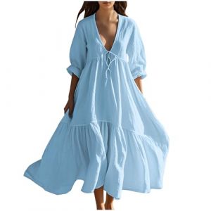 Femme Robe Boheme Chic Coton Lin Manches Longues/Manches Courtes Robe Col V Elegant Robes Swing D'éTé Plage DéContracté Maxi Robes Grande Taille Couleur Unie BohèMe Mi-Longue Dress (HAOLEI  FR, neuf)