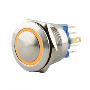 SeKi Bouton poussoir en acier inoxydable - Diamètre : 22 mm - Forme de tête bombée - Anneau LED coloré - Œillets à souder jaunes - Connecteur 0,5 x 2,8 mm - Bouton de sonnette (ST-Vertrieb, neuf)
