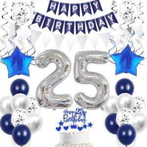 Décoration 25 ans homme anniversaire ballon argent bleu décoration gâteau anniversaire 25 ans homme femme ballon argent, 25 ans anniversaire homme ballon décoration gâteau 25 ans anniversaire (Crazy-M, neuf)