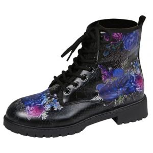 Ulalaza Bottes pour Femmes Bout Rond Talons Bloc Bottines Plateforme Gothique &Agrave; Lacets Punk Bottes De Combat De Moto en Cuir Imprim&eacute; Multicolore Grosses Bottes Courtes (ToBe-One, neuf)