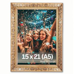 VictoR Vermeer Cadre photo vintage doré 15 x 21 cm (A5) – Cadre baroque antique avec verre acrylique – Paroi arrière en MDF stable – Pour format portrait et paysage – Cadre photo A5 doré (Victor_Store, neuf)