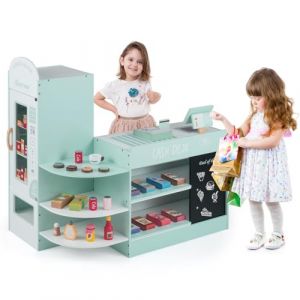 COSTWAY Épicerie Enfants en Bois avec 15 Accessoires & Distributeur Automatique, Marchande Enfants avec Caisse Enregistreuse Réaliste & Tableau Noir, Jeu d’Imitation pour 3-8 Ans (Vert Menthe) (FDS GmbH, neuf)