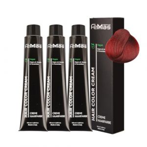 FemMas Lot de 3 colorations pour cheveux - Blond fonc&eacute; rouge 6.6 - Cr&egrave;me &agrave; l'huile d'argan, de k&eacute;ratine et c&eacute;ramides - Pour une coloration permanente ou une teinte pour des r&eacute;sultats de couleur (Femmas, neuf)