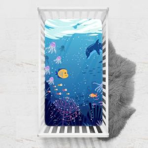 Odot Drap Housse pour Lit de Bébé, Impression de Océane Draps Housses Enfants Respirant Douce Extensible Protège Matelas pour Lit Bébé, Berceau, Lit Parapluie (Dauphin,65x95 cm) (Odot, neuf)